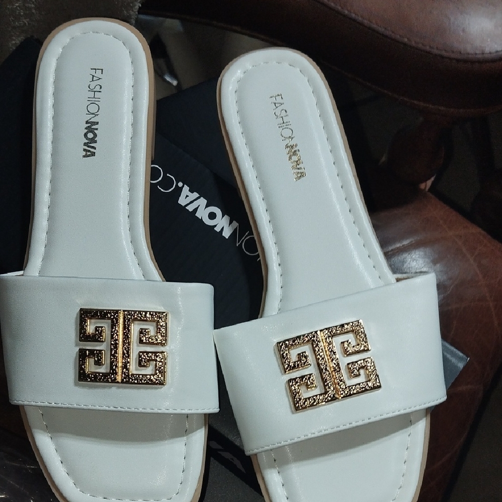 Fashion Nova White Slides with Gold Detail